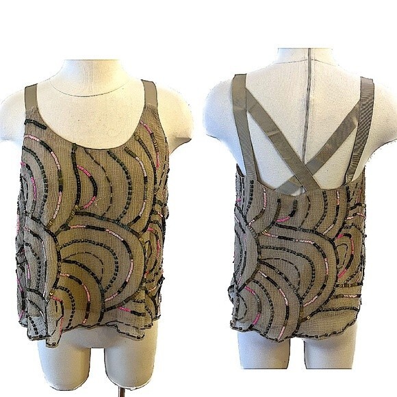 Free People Beaded Beige Tank Top Criss Cross X Back Size Small - Picture 2 of 10